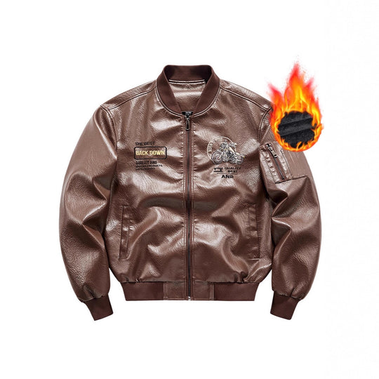 Herren Kunstleder‑Bomberjacke mit wärmender Fleece‑Innenfütterung, Motorrad‑Stickerei und Ärmeltasche Shop Nory