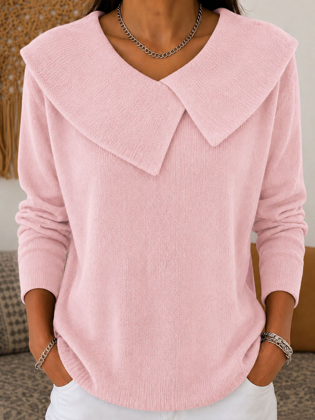 Damen Grobgestrickter Strickpullover mit übergroßem Matrosenkragen Shop Nory