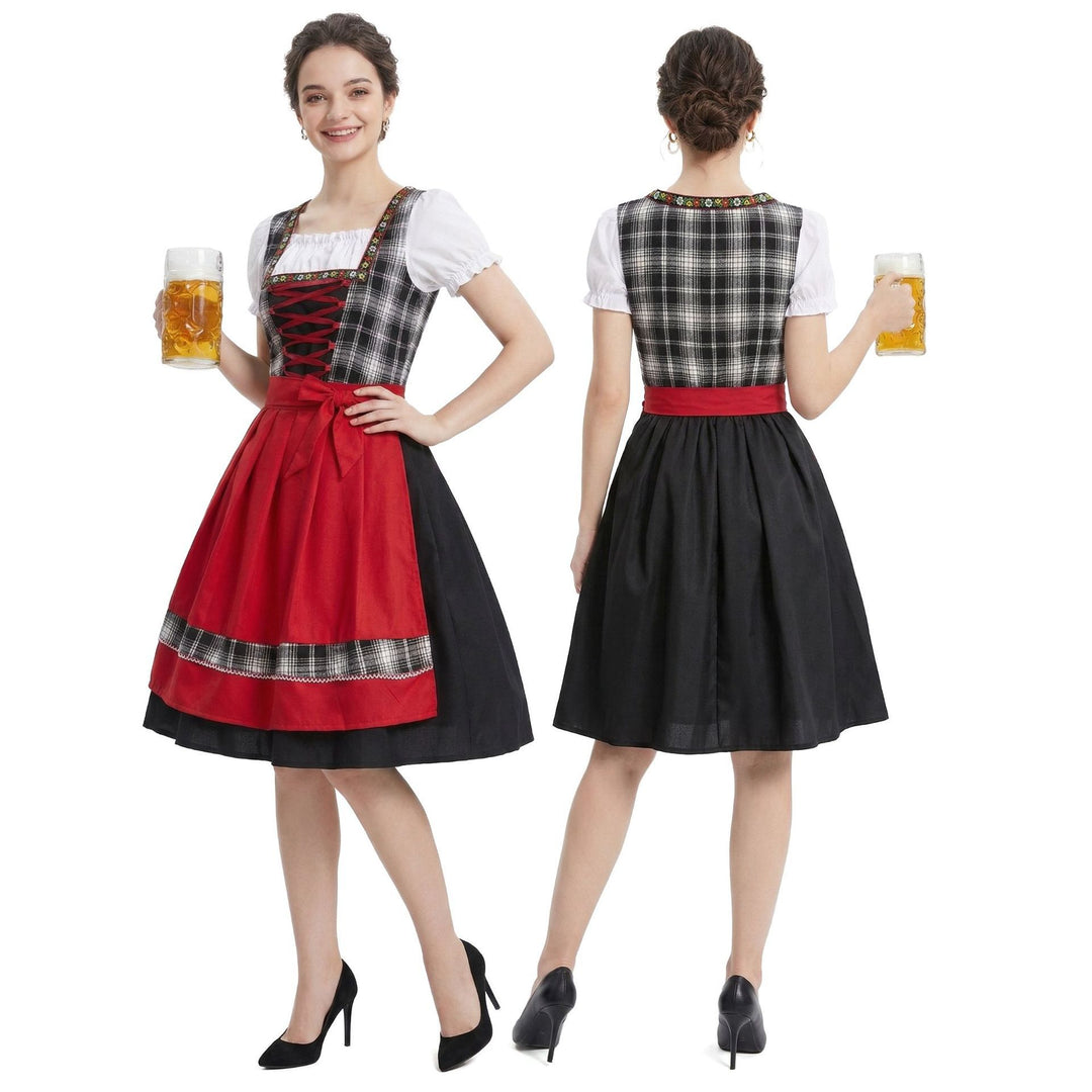 Damen nan traditionelles Dirndlkleid mit Schürze geschnürtem Mieder und kariertem Oberteil Shop Nory