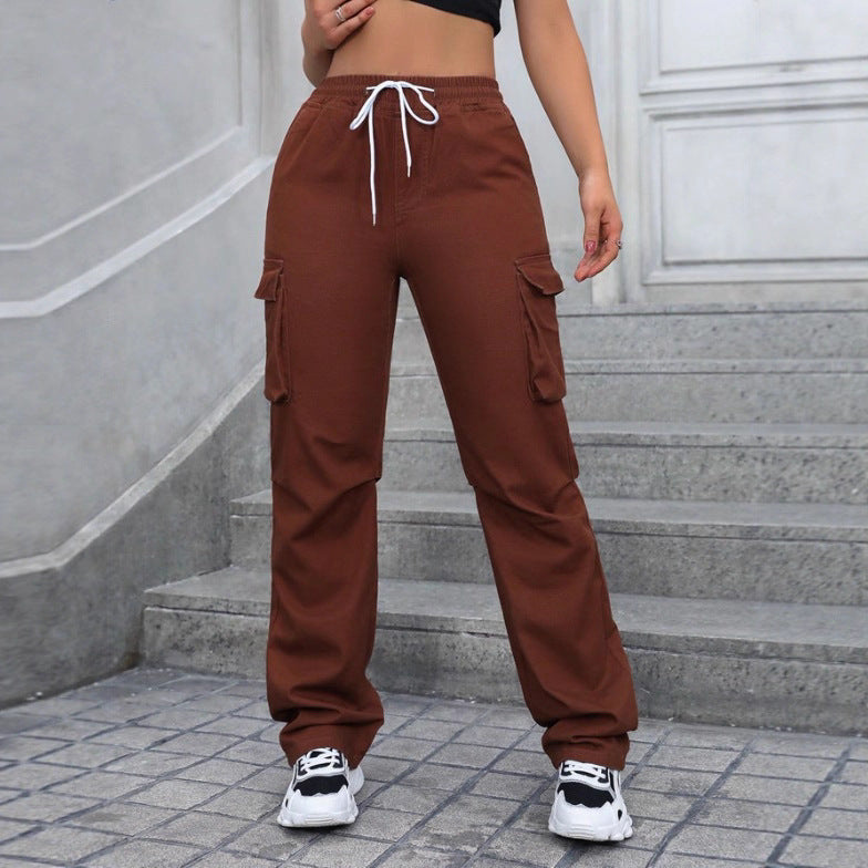 Damen taillenhohe Cargo-Jogginghose mit weitem Bein und Kordelzug Shop Nory