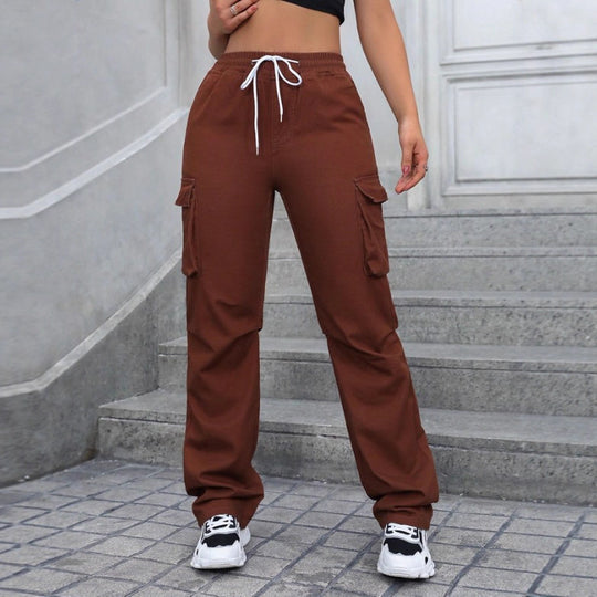 Damen taillenhohe Cargo-Jogginghose mit weitem Bein und Kordelzug Shop Nory