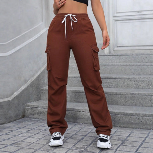 Damen taillenhohe Cargo-Jogginghose mit weitem Bein und Kordelzug Shop Nory