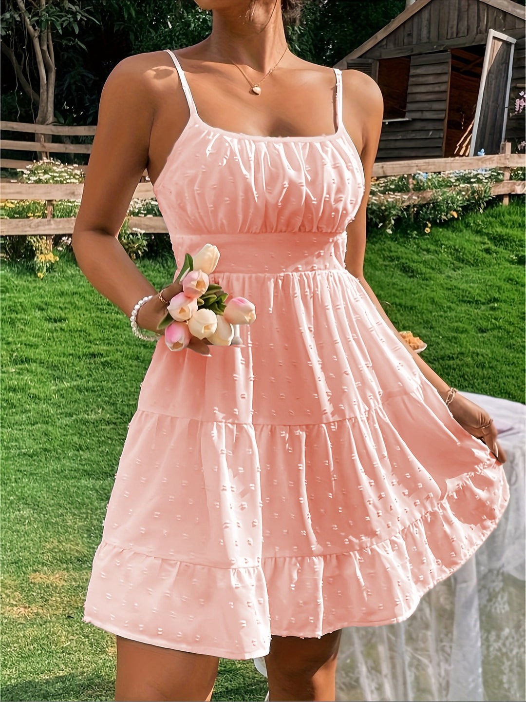 Damen Sommerkleid mit Rüschen und verstellbaren Spaghettiträgern