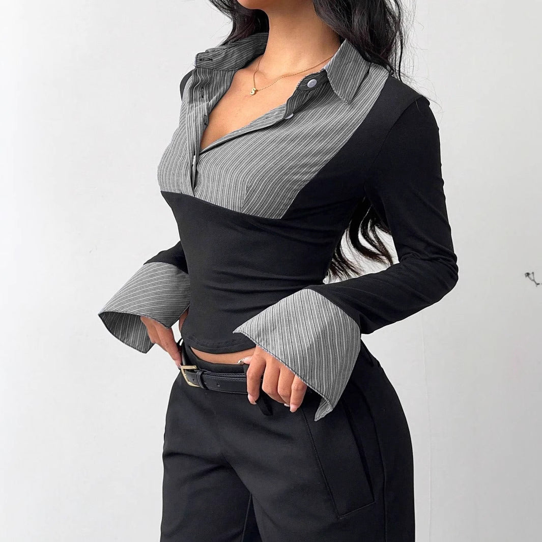 Damen Figurbetontes Langarmshirt mit Blusenkragen und gestreiften Manschetten Shop Nory