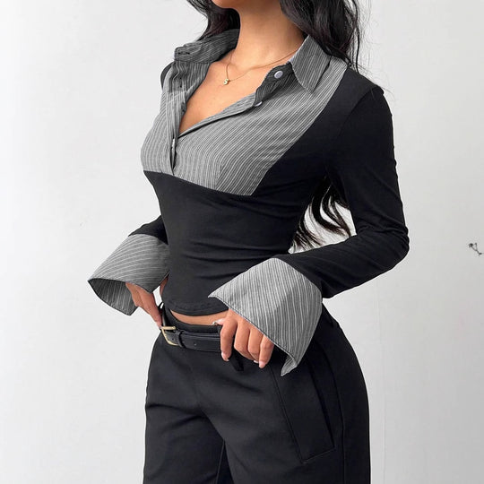 Damen Figurbetontes Langarmshirt mit Blusenkragen und gestreiften Manschetten Shop Nory