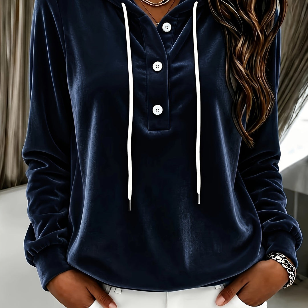 Damen Samt-Hoodie mit Knopfleiste, Kapuze und weichem Fleece-Finish Shop Nory