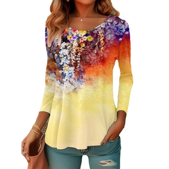 Damen Langärmeliges A-Linien-Shirt mit floralem Aquarellprint und Rundhals Shop Nory
