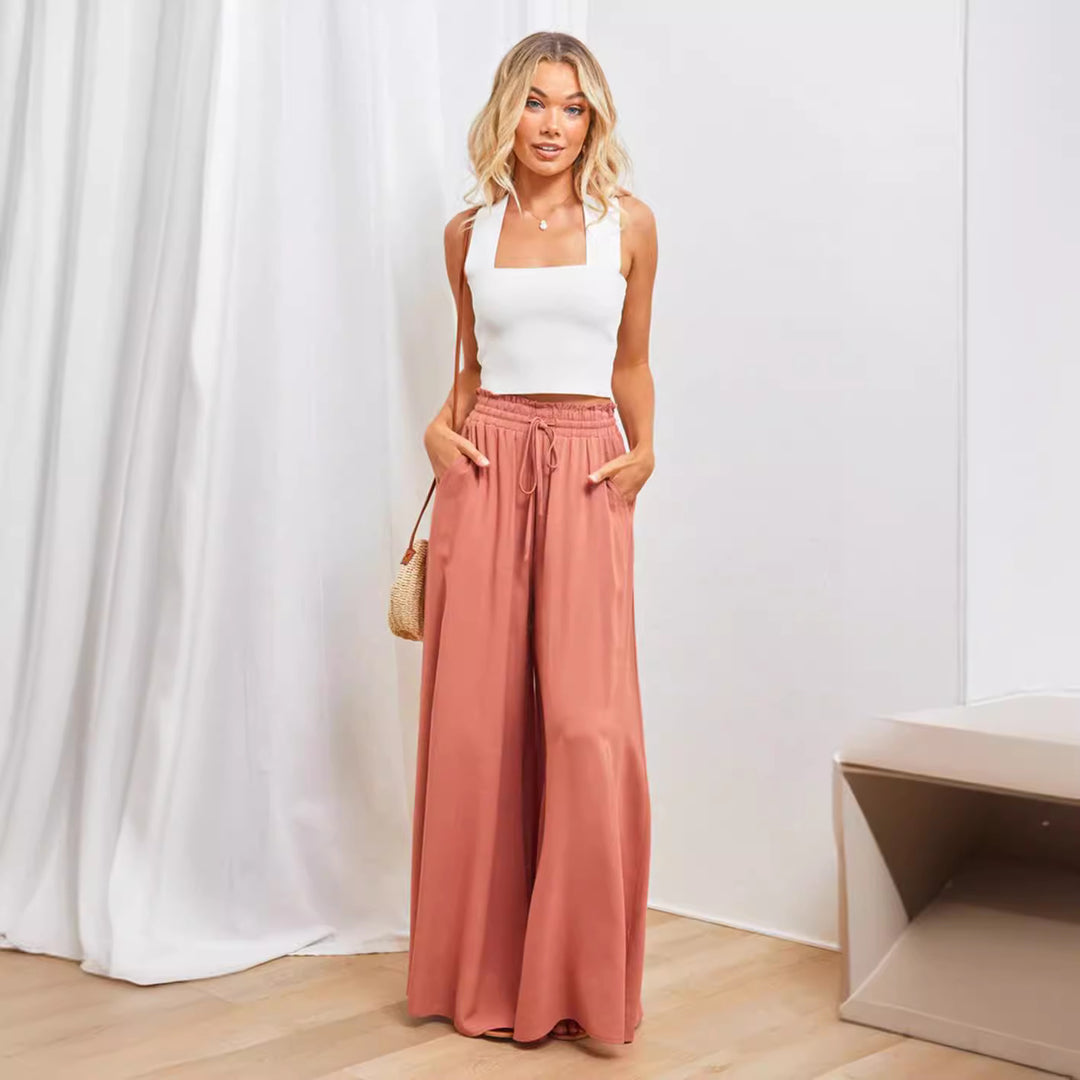 Frauen Hohe Taille Rüschen Elastischer Bund Weite Bein Strand Palazzo Hose mit Zugband und Seitentaschen Shop Nory