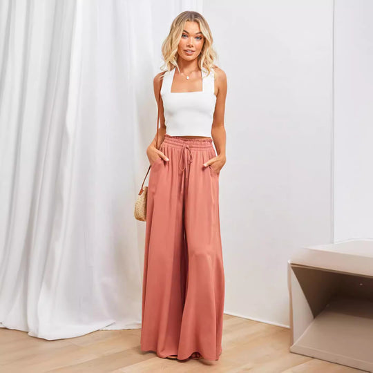 Frauen Hohe Taille Rüschen Elastischer Bund Weite Bein Strand Palazzo Hose mit Zugband und Seitentaschen Shop Nory