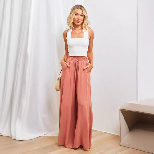 Frauen Hohe Taille Rüschen Elastischer Bund Weite Bein Strand Palazzo Hose mit Zugband und Seitentaschen Shop Nory
