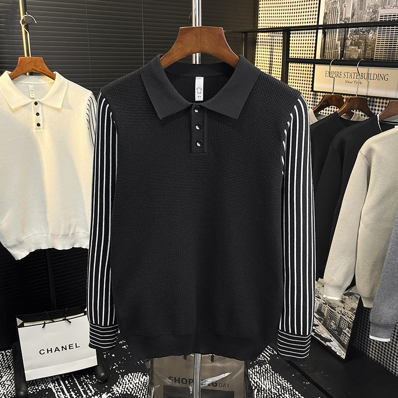 Herren Strick-Poloshirt mit kontrastgestreiften Ärmeln und feiner Struktur Shop Nory
