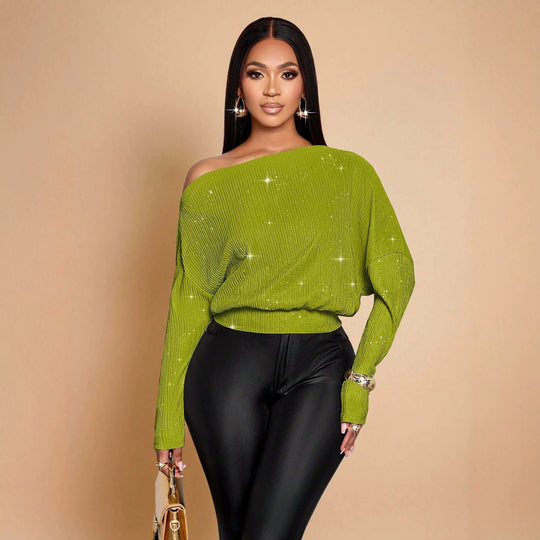 Damen Off-Shoulder Rippstrick-Pullover mit Glitzereffekt und Batwing-Ärmeln Shop Nory