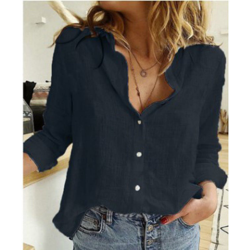 Damen Leichte Leinenbluse im legeren Oversize‑Schnitt mit Stufenkragen und durchgehender Knopfleiste Shop Nory