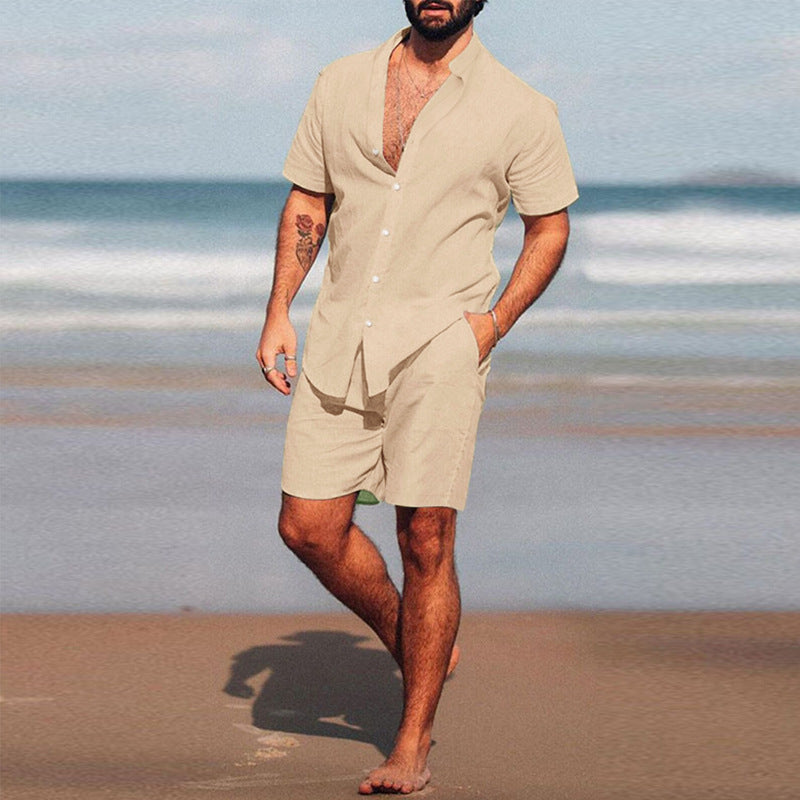 Herren nan zweiteiliges Sommerfreizeitensemble mit offenem Hemdkragen und lockeren knielangen Shorts Shopnory