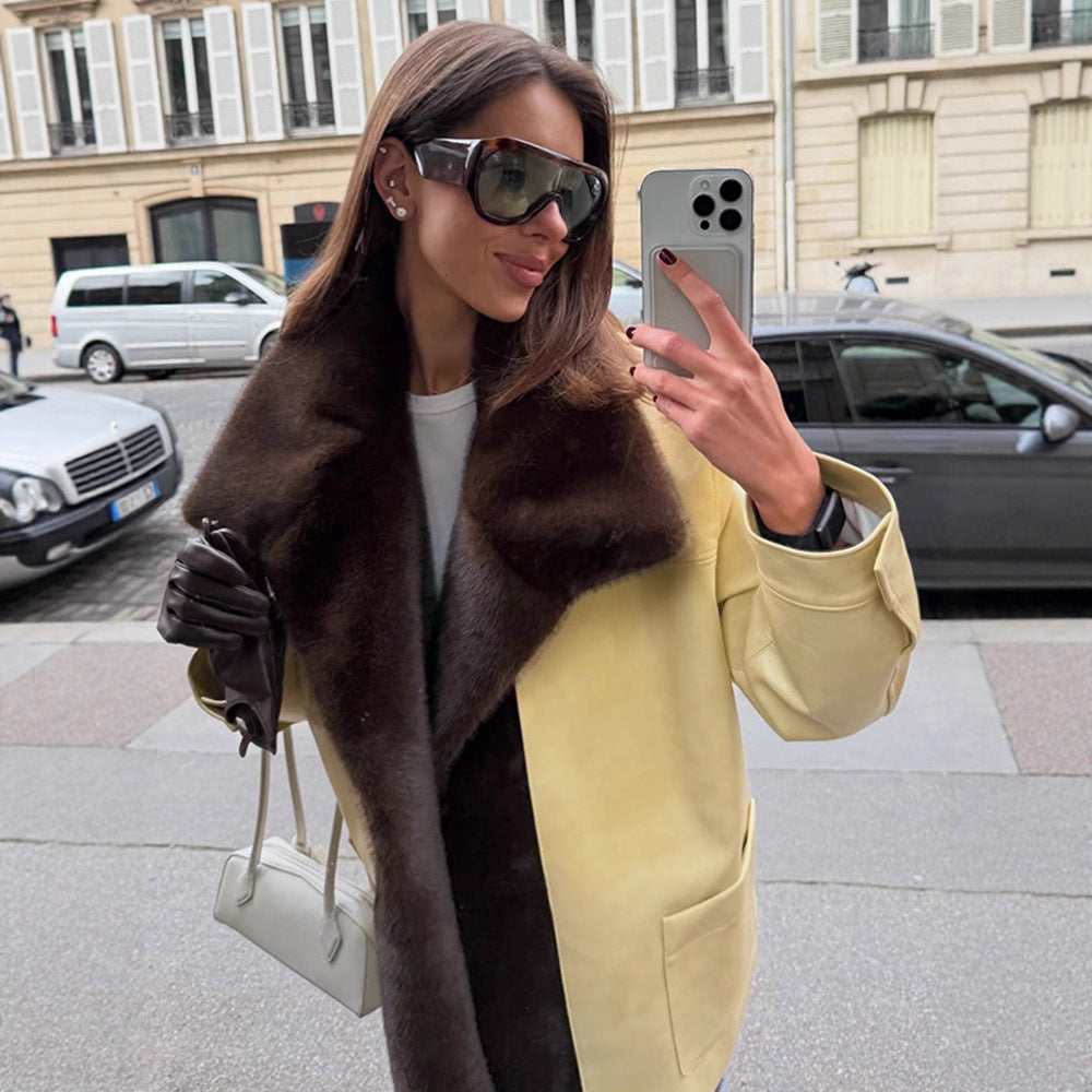 Damen Eleganter Oversize-Mantel aus Veloursleder‑Optik mit voluminösem Faux‑Fur‑Schalkragen Shop Nory