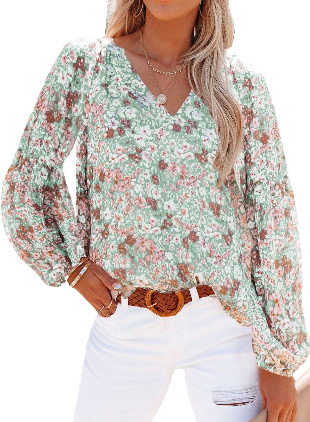 Damen Bluse mit floralen Mustern und V-Ausschnitt