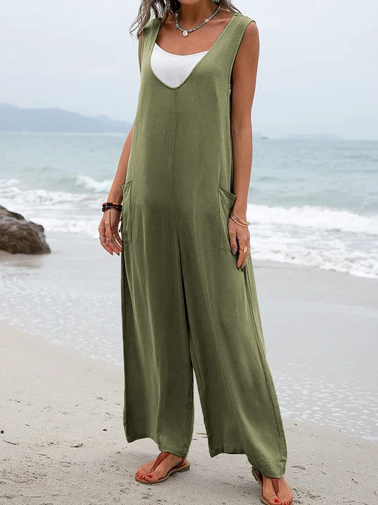 Damen Lässiger weite Jumpsuit mit V-Ausschnitt und praktischen Taschen