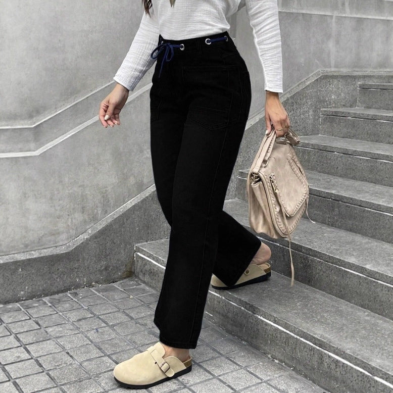 Damen Hochtaillierte Jeans mit geradem Bein, Tunnelzugbund und aufgesetzten Taschen Shop Nory