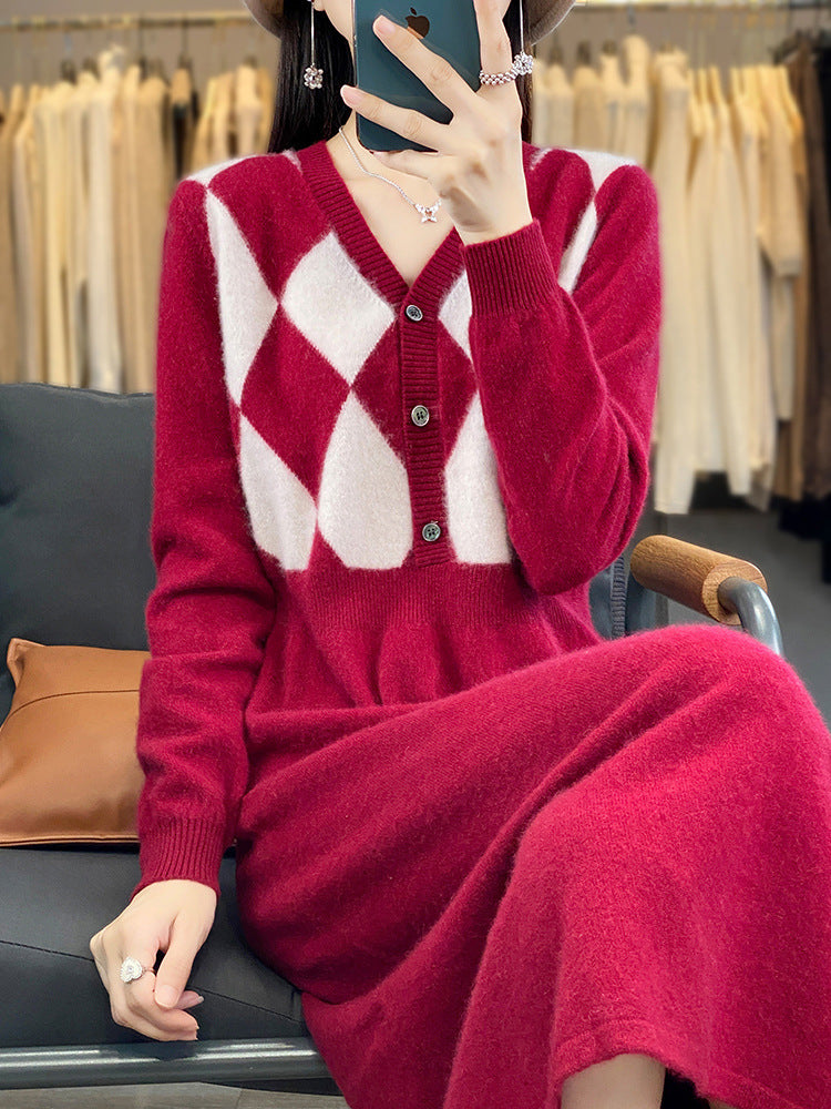 Damen Strick-Set mit V-Cardigan Rautenmuster und tailliertem Midirock Shop Nory