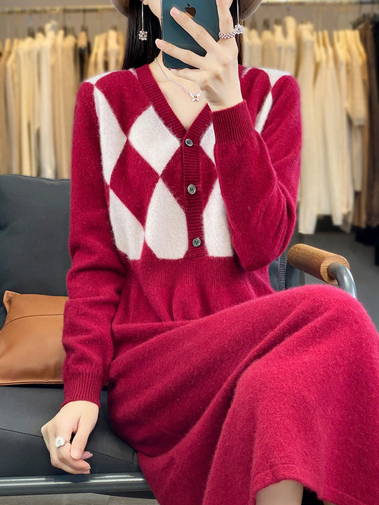 Damen Strick-Set mit V-Cardigan Rautenmuster und tailliertem Midirock Shop Nory