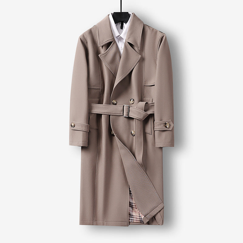 Herren Midilanger Doppelreihiger Trenchcoat mit Taillengürtel, abgefalcetem Revers und kariertem Innenfutter Shop Nory