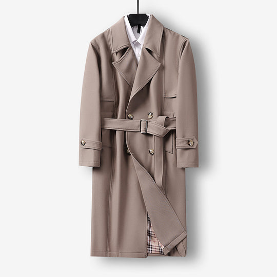 Herren Midilanger Doppelreihiger Trenchcoat mit Taillengürtel, abgefalcetem Revers und kariertem Innenfutter Shop Nory