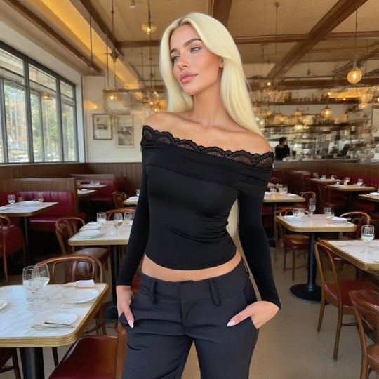 Damen Off-Shoulder Langarm-Top mit Spitzenbesatz und figurbetonter Silhouette Shop Nory