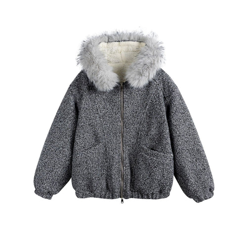 Damen Bouclé-Blousonjacke mit voluminösem Faux-Fur-Kragen und Thermofutter Shop Nory