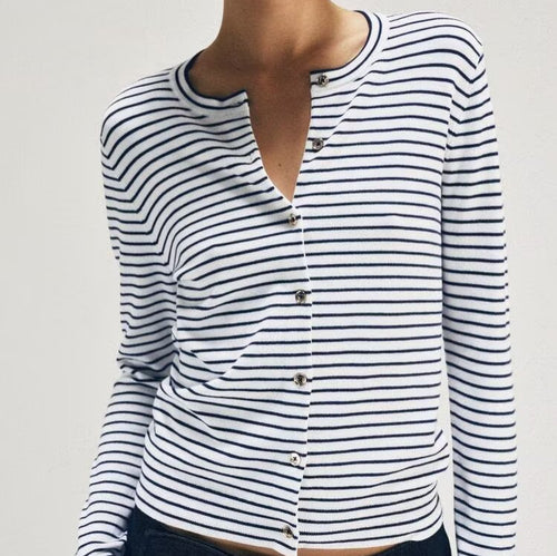 Damen Maritimer Feinstrick-Cardigan mit feinen Streifen und Perlmuttknöpfen Shop Nory