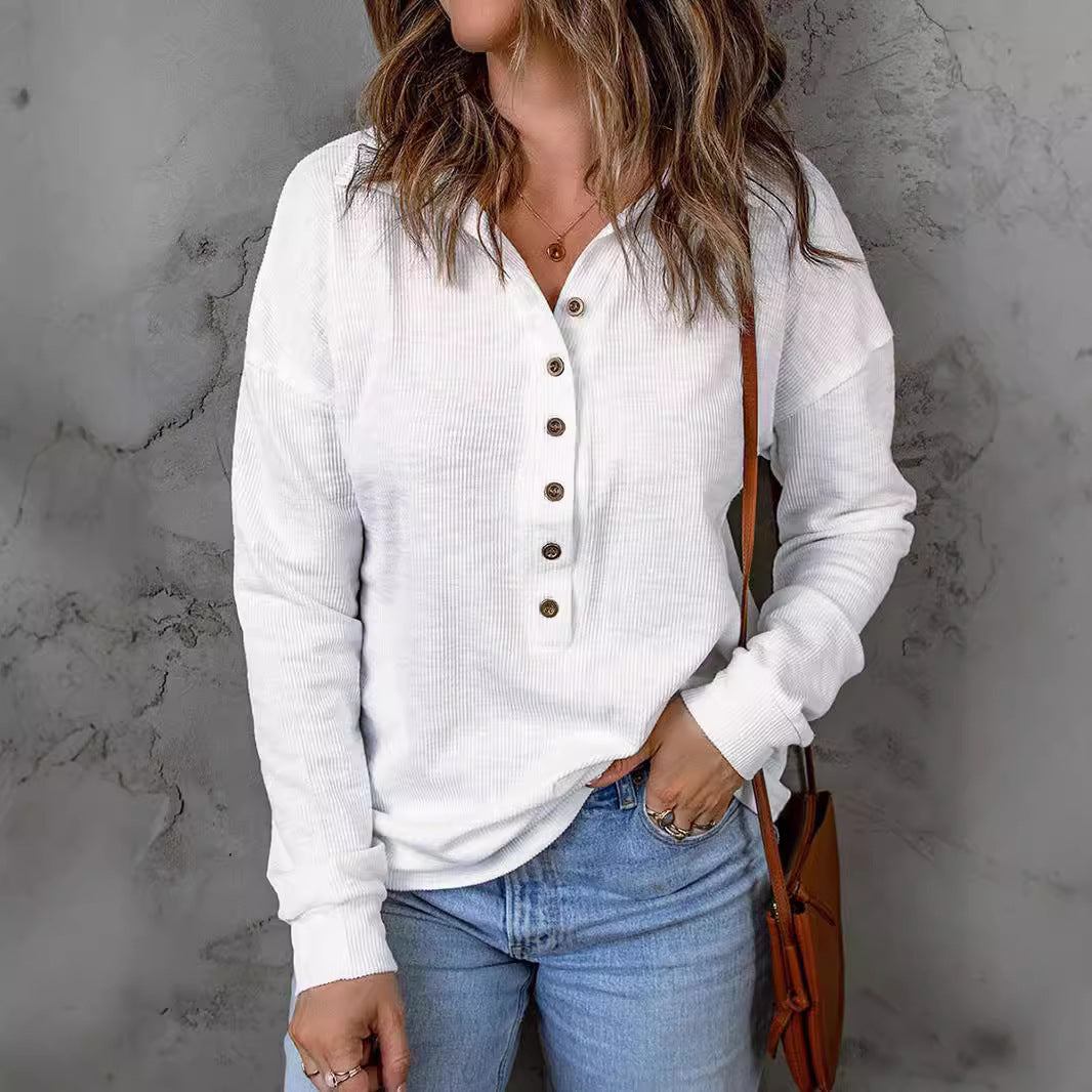Damen Langarm-Waffelshirt mit Hemdkragen und Knopfleiste Shop Nory