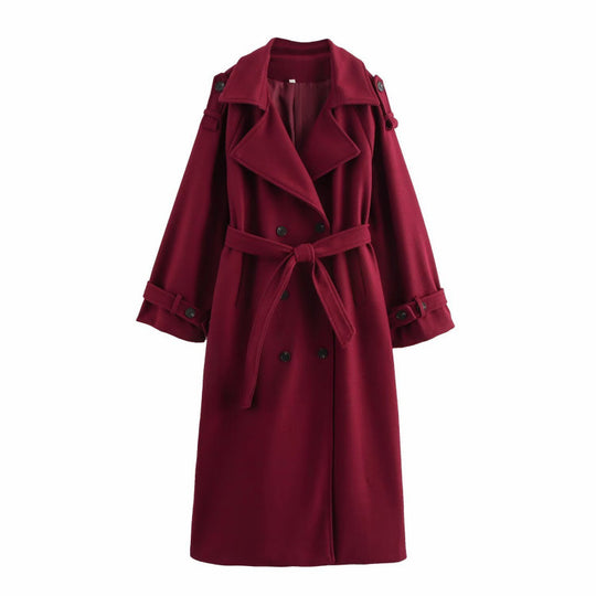 Damen langer doppeltreihiger Wollmix-Trenchcoat mit Gürtel und breitem Revers Shop Nory