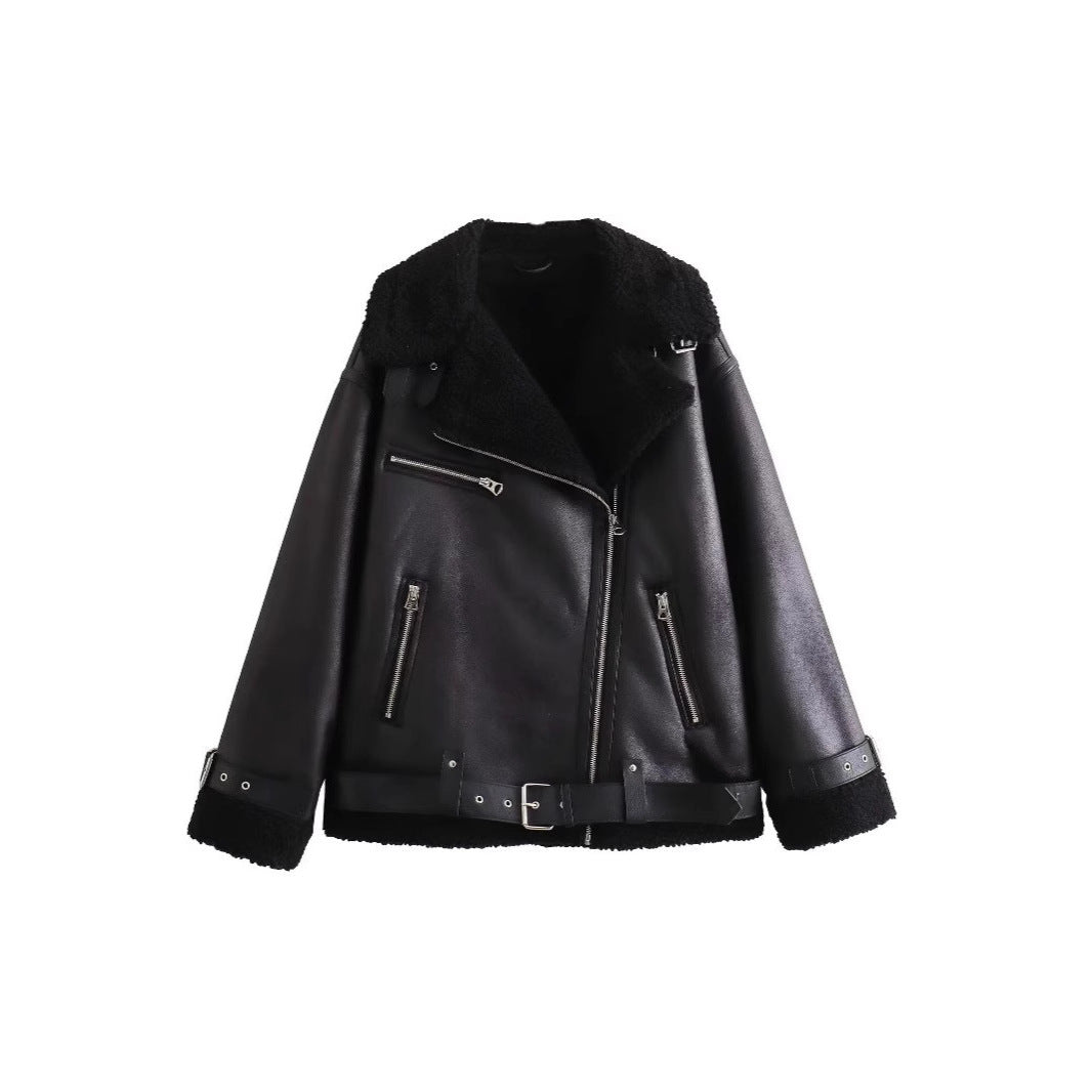 Damen Fliegerjacke im Bikerstil mit Teddyfutter, Kunstlederbesatz und Taillengürtel Shop Nory
