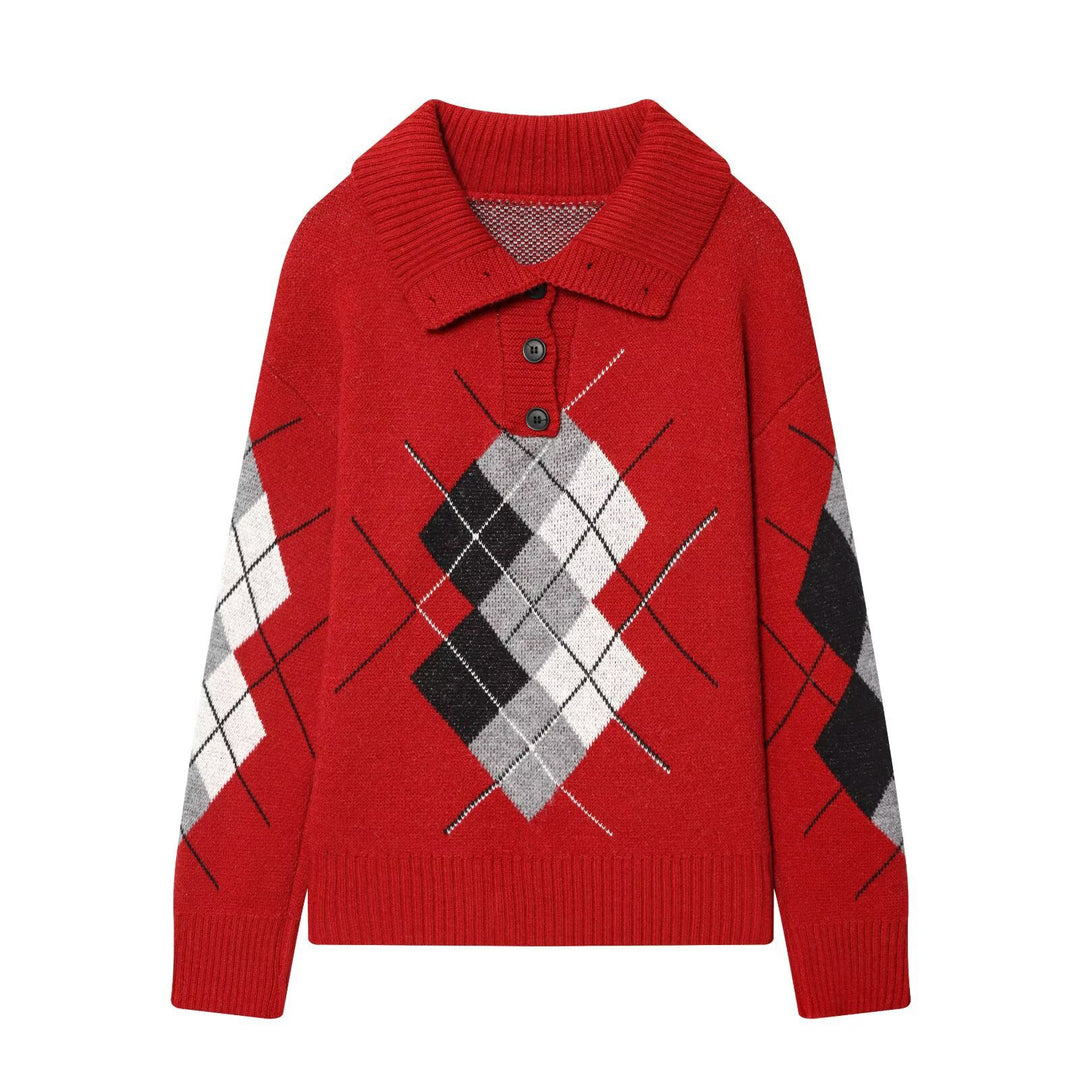 Damen Oversized Pullover mit Rautenmuster und Polokragen mit Knopfleiste Shop Nory