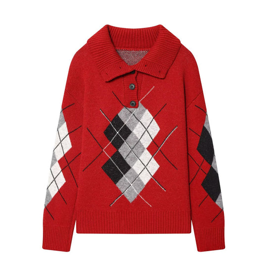 Damen Oversized Pullover mit Rautenmuster und Polokragen mit Knopfleiste Shop Nory