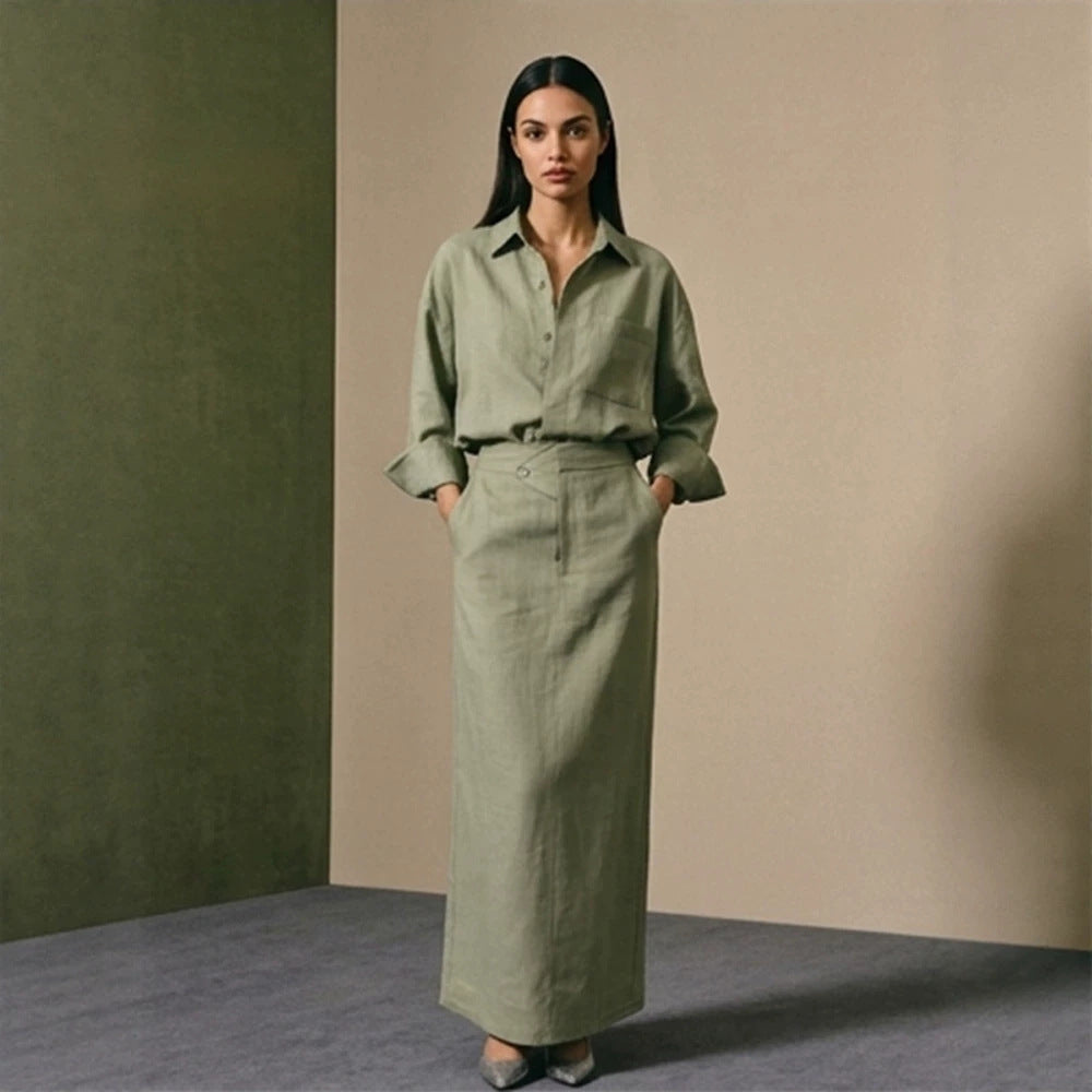 Damen Zweiteiliges Leinen-Set mit Oversized-Hemd und tailliertem Maxirock Shop Nory
