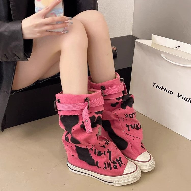 Damen Lässige Canvas-Plateau-Sneaker mit geschlitztem Schaft und Schnallenriemen Shop Nory