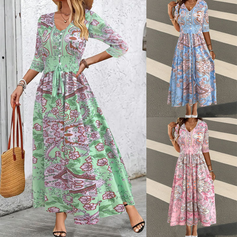 Damen Boho-Maxikleid mit V-Ausschnitt, Knopfleiste und Smokbund Shop Nory