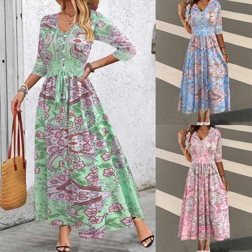 Damen Boho-Maxikleid mit V-Ausschnitt, Knopfleiste und Smokbund Shop Nory