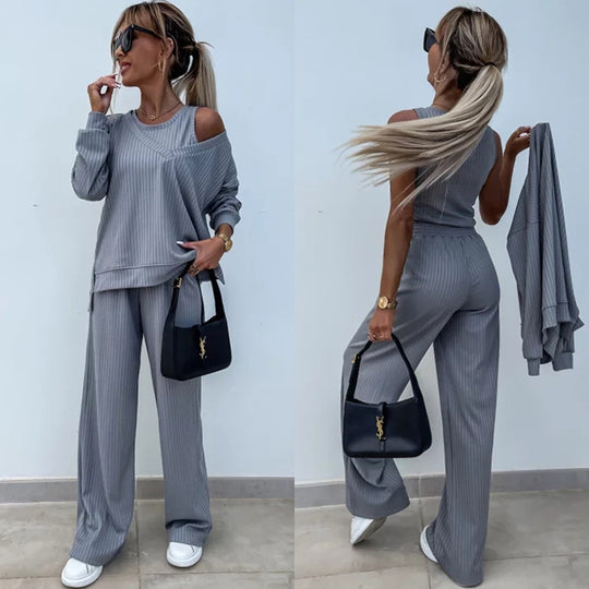 Damen Loungewear-Set aus geripptem Feinstrick mit Off-Shoulder-Pullover und weiter Palazzo-Hose Shop Nory
