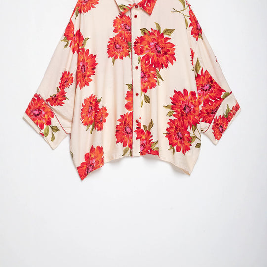 Damen Oversize-Hemdbluse mit großflächigem Blumenprint, Reverskragen und durchgehender Knopfleiste Shop Nory