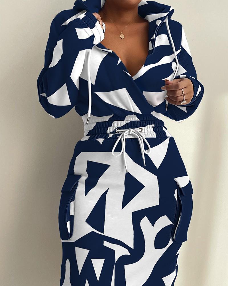 Damen Kapuzen Sweatkleid mit V-Ausschnitt, Kordelzug-Taille und Cargo-Taschen Shop Nory