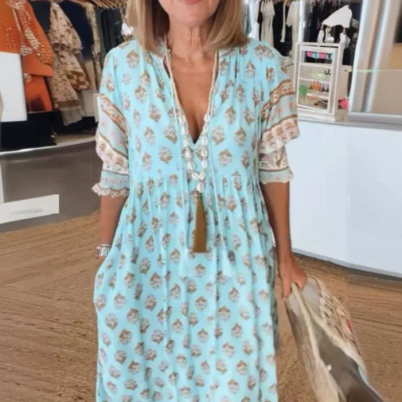 Damen Boho-Stil Kleid mit geflochtener Schnürung und handgefertigten Details