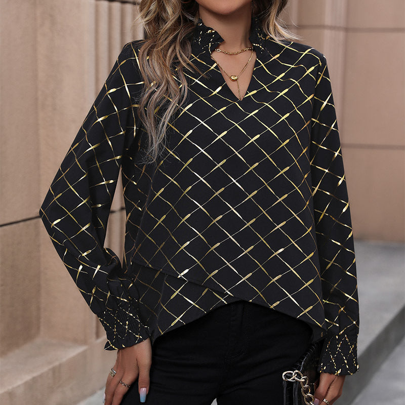 Damen Glänzende Karobluse mit Stehkragen, V‑Ausschnitt und Smokmanschetten Shop Nory