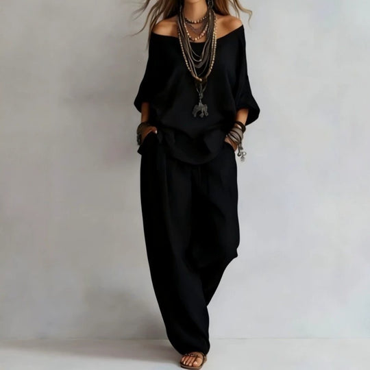 Damen Lässiges Leichtes Lounge-Set mit Carmenausschnitt und Palazzo-Hose Shop Nory