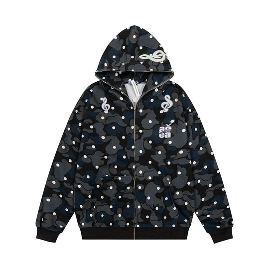 Damen Kapuzen-Sweatjacke mit Camouflage-Allover, Notenstickerei und durchgehendem Reißverschluss Shop Nory