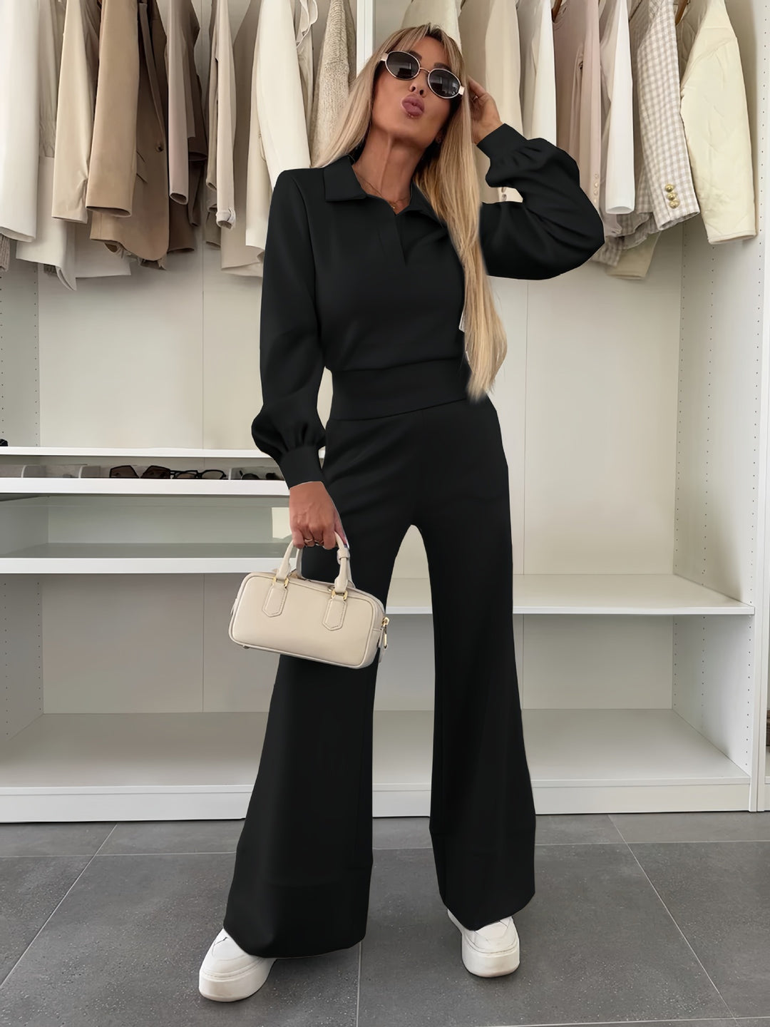Damen Zweiteiliges Lounge-Set mit Polokragen und taillenhoher Palazzohose Shop Nory