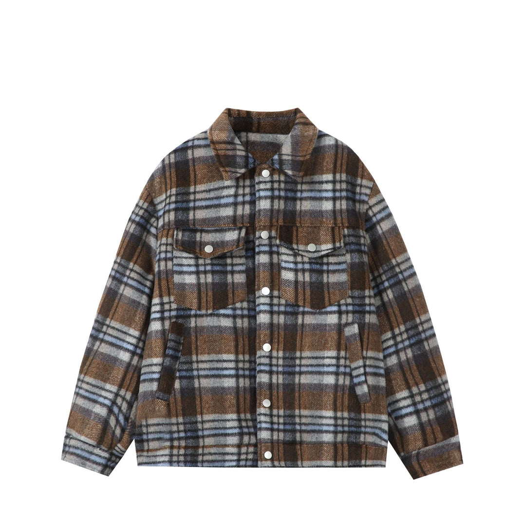 Damen Kurz geschnittene karierte Overshirt‑Jacke aus Wollmix mit Druckknopf‑Front und Pattentaschen Shop Nory