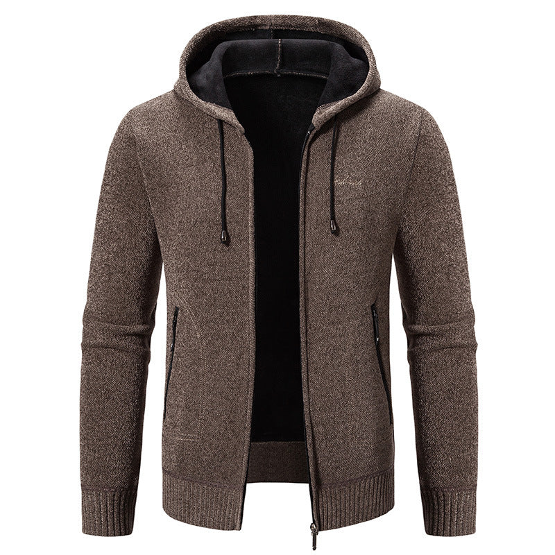 Herren warme Strickoptik-Zipjacke mit Teddyfutter, Kapuze und verdeckten Reißverschlusstaschen Shop Nory