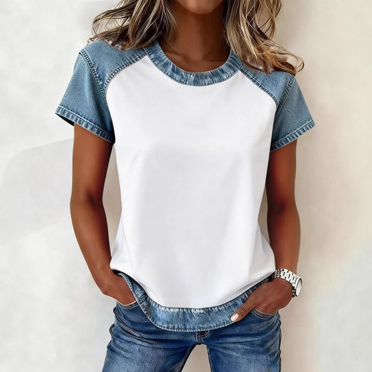 Damen Kurzarmshirt mit Jeans-Einsätzen und Teddy-Patchprint Shop Nory