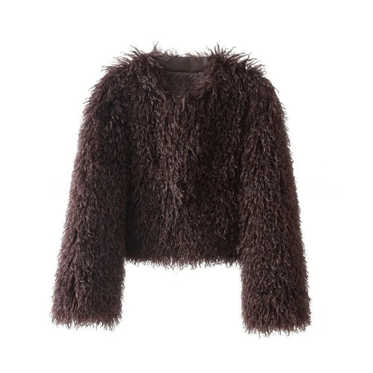 Damen kurze Bouclé‑Faux‑Fur‑Jacke mit voluminösem Langflor und kastiger Silhouette Shop Nory